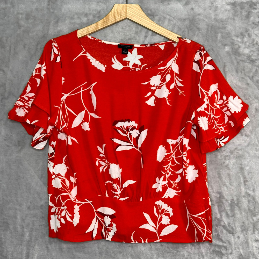 Ann Taylor Blouse Womens Petites Medium Orange White Floral Short Flutter Sleeve